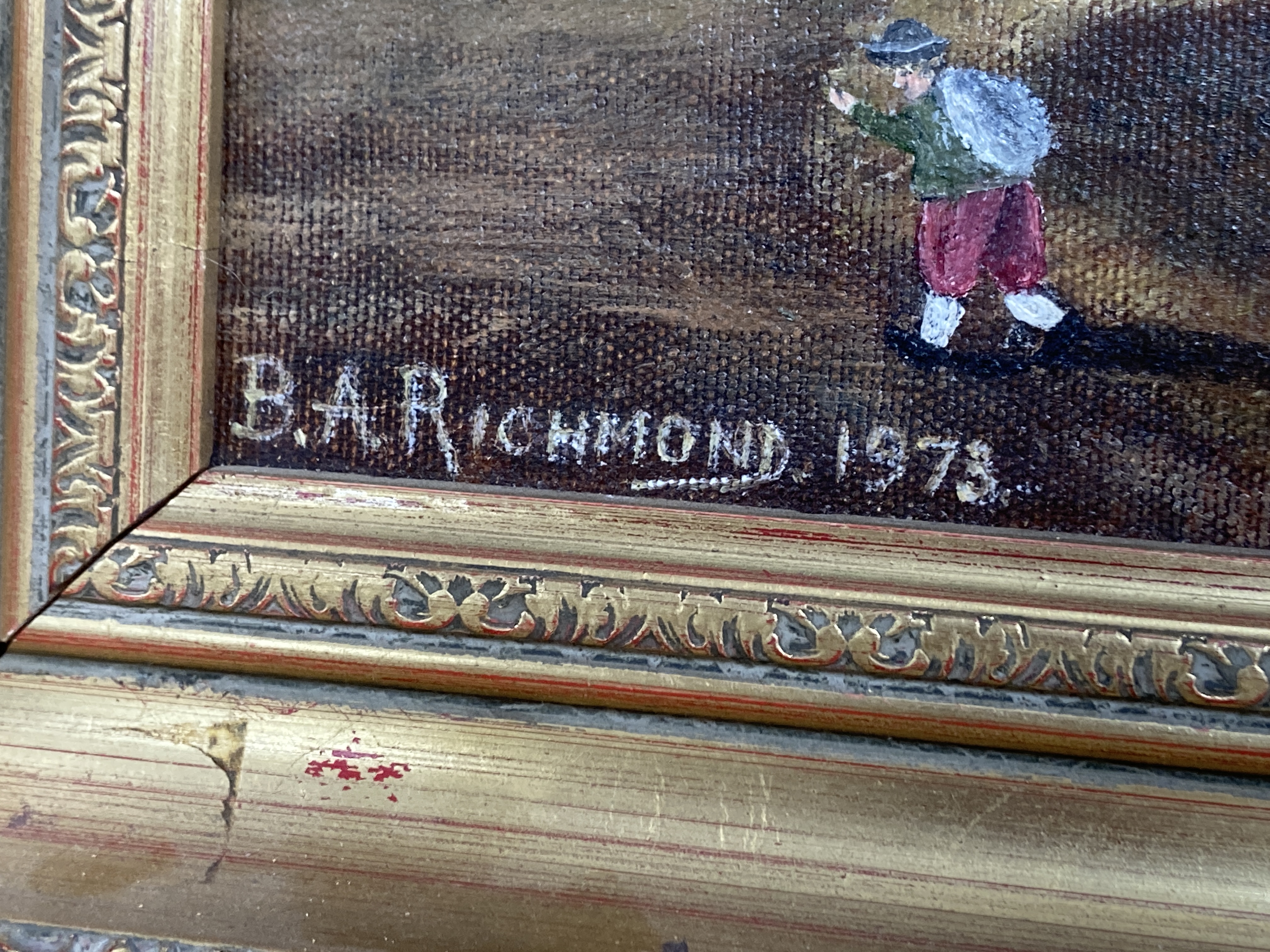 B.A. Richmond, oil on canvas, 17th century style Dutch river landscape, 30 x 60cm, an oil of a riverside church, c.1900 and a small watercolour of a cottage
